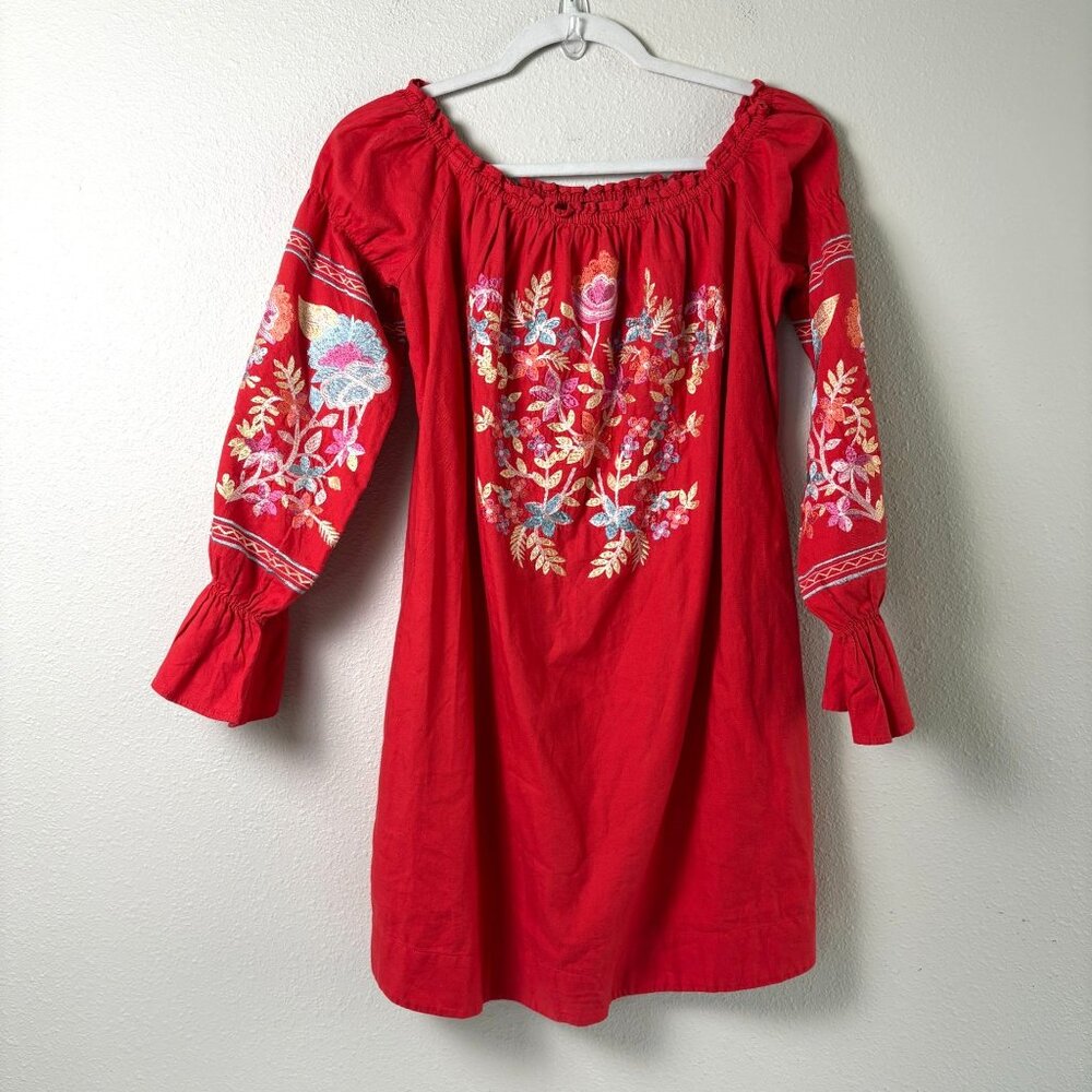Free People Mini Dress Size S Red Floral Embroidered Off The Shoulder Pockets